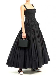 Vintage - Stil Siyah Pileli Maxi Elbise